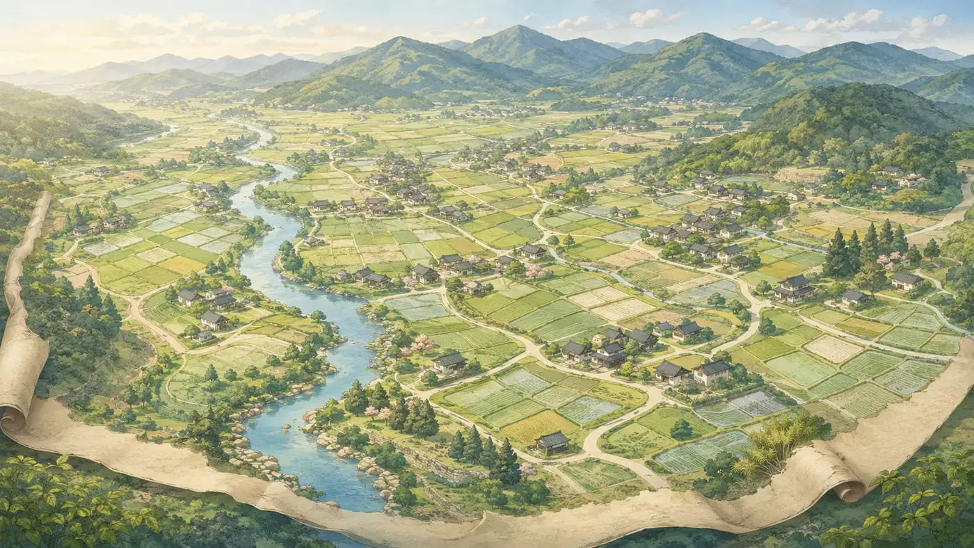 里山の町を描いた手描き風の地図